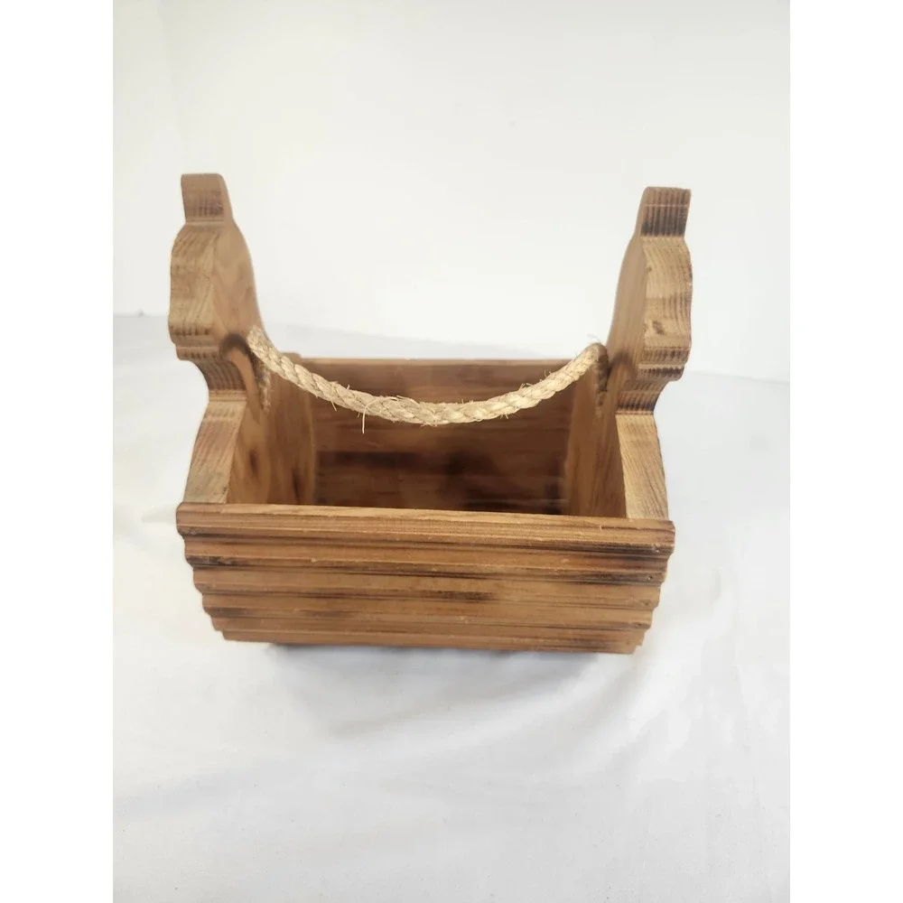 Vintage Wooden Folk Art Cat Basket Rope Handle Rustic Handcrafted Decor 8.5in